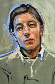 an oil painting of a man's face in grey and green tones with his eyes closed