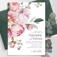 wedding card with pink flowers and greenery