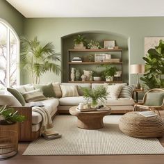 a living room filled with lots of furniture and plants on top of it's shelves