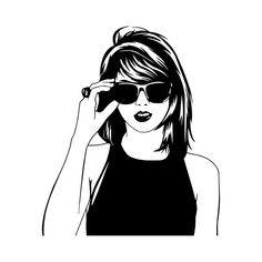 a black and white drawing of a woman wearing sunglasses with her hand to her face