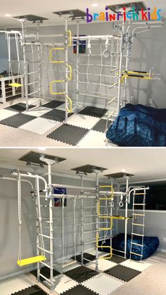 two pictures of the inside of a room with different types of pipes and ladders