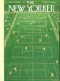 an advertisement for the new yorker tennis tournament, featuring men playing on a green court