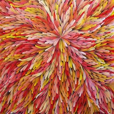 an abstract painting with many different colors and shapes in the shape of a sunburst