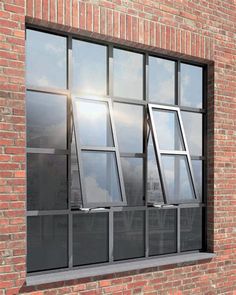 an open window on the side of a brick building with sky reflected in it's windows