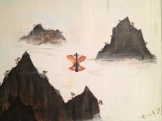 a painting of a person on a plane flying over mountains