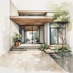 a drawing of a house with plants and trees in the front yard, watercolor on paper