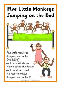 five little monkeys jumping on the bed with an orange border around them and text below