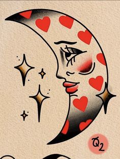 a drawing of a woman's face on the moon with hearts coming out of it