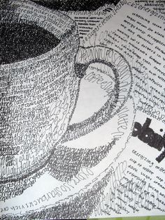 a cup of coffee on top of a book with words written all over the page