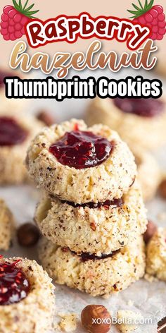 Raspberry hazelnut cookies Oatmeal Raspberry Cookies, Oatmeal Thumbprint Cookies, Shortbread Thumbprint Cookies Recipe, Raspberry Thumbprints, Thumbprint Cookies Christmas, Thumbprint Cookies With Icing, Best Thumbprint Cookies, Cookies Thumbprint, Cinnamon Christmas Cookies