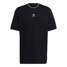 Men's adidas originals Solid Color Logo Casual Round Neck Short Sleeve Black T-Shirt HK7305 Adidas Athleisure T-shirt With Three Stripes, Adidas Cotton T-shirt For Streetwear, Three Stripes Crew Neck Sportswear T-shirt, Sportswear T-shirt With Three Stripes In Relaxed Fit, Sportswear Relaxed Fit T-shirt With Three Stripes, Relaxed Fit Sportswear T-shirt With Three Stripes, Relaxed Fit Three Stripes Sportswear T-shirt, Cotton Sportswear Tops With Three Stripes Branding, Adidas Sporty Relaxed Fit T-shirt