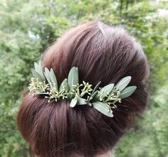 Floral hair pins with green olive leaves and seeded eucalyptus. Each of them made of foam material. Every leaf detail and the assembly are carefully handmade done. A hair piece will be placed into a GIFT BOX. Unlike real, foam flowers have the following BENEFITS: - Don't crumple. It recovers even if you crushed a flower in your hand. You can place it in your handbag, and it cannot be broken. Just take it out your bag and do petals straight. - Moisture, sunlight and cold resist. Even if you got i Grecian Headpiece, Leaves Crown, Greek Hair, Bridesmaid Headpiece, Bridal Floral Headpiece, Leaf Headpiece, Rustic Wedding Hairstyles, Goddess Crown