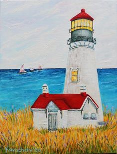 a painting of a lighthouse on the shore with sailboats in the water behind it