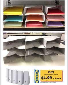 several different colored file folders are stacked on top of each other in a shelf