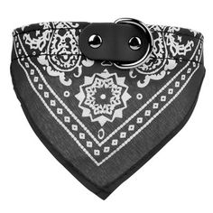 a bandana with black and white designs on the front, featuring a metal buckle