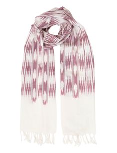 A luxurious hand loomed ikat scarf in a pink and burgundy banded stripes design with tassels. These cotton scarves make the perfect gift or accessory. Your purchase helps provide a secure job with fair wages and a positive working environment to artisans in India. *Hand woven and Ikat dyed *100% cotton *Fair trade & made in India *Designed in New Orleans *Scarf measures: 22" wide by 75" long *Due to the handmade nature of these products there may be a 5-10% shade variation from the picture o Ikat Scarf, Abstract Scarf, Burgundy Scarf, Cotton Scarves, Pink And Burgundy, India Design, White Scarf, White Scarves, Handmade Scarves