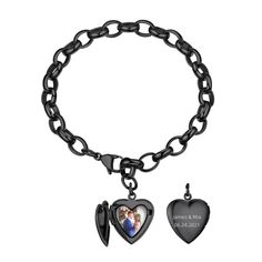 PRICES MAY VARY. Black Cable Chain with Photo: Hypoallergenic, Made of 316L stainless steel with 5 layers shiny black plated mirror finish, it promises to keep shining alongside you. Nickel-free, lead-free design ensures you can wear these bracelet with confidence Size: Heart Locket Bracelets for Women: Heart Charm: 0.29*0.77 Inch; Chain Width: 0.27 Inch; Length: 8.7 inches; Lobster Clasp design, easy to adjust bracelet fits most wrist from 6.1 to 8.7 Inches. No more sizing snafus—just a perfect Black Locket For Anniversary, Black Locket Jewelry For Anniversary, Black Metal Heart Bracelet As Gift, Elegant Black Heart Charm Bracelet, Personalized Black Heart Bracelets, Personalized Black Heart Bracelet For Mother's Day, Elegant Black Heart Bracelet As Gift, Black Heart Bracelets With Heart Charm, Elegant Black Heart Bracelet Gift