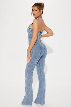 Available In Light Wash. Denim Jumpsuit Halter Mock Neck Bow Detail Hardware Detail Seam Flare Leg Stretch Disclaimer: Due To The Specialized Wash Process, Each Garment Is Unique. 56% Cotton 22% Polyester 20% Rayon 2% Spandex Imported | Kittie Denim Jumpsuit in Light Wash size Medium by Fashion Nova Neck Bow, Sweater Jumpsuit, Leg Stretching, Jean Top, Denim Jumpsuit, Light Wash Denim, Matching Dresses, Bow Detail, Jumpsuits For Women