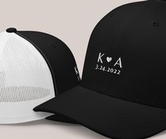 *THIS LISTING IS FOR 2 HATS* Celebrate your special bond with these luxurious matching dad hats for couples embroidered with your initials and anniversary date.  Crafted from the finest materials, these hats are made to last and feature a stylish and youthful design that is sure to make a statement.  The soft and comfortable fit ensures that you and your partner can wear your hats in comfort all day long. Show off your love with these unique and special dad hats that are sure to be cherished for Youthful Design, Embroidered Initials, 1 Year Anniversary, Initial Name, Anniversary Dates, Anniversary Gift For Her, Cap Design, Happily Ever After, Trucker Cap