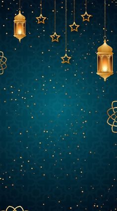 a dark blue background with gold stars and lanterns hanging from it's sides in the air