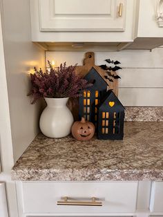 a white vase filled with flowers sitting on top of a counter next to a house