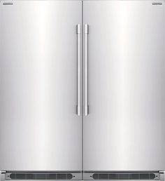 a double door refrigerator freezer with stainless steel handles and two doors on both sides