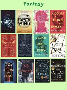 the covers of fantasy novels are shown in green and red, with black lettering on them