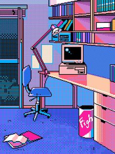 an image of a computer room with desk and bookshelf in the corner, as if it were pixel art