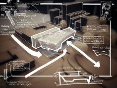 an architectural drawing of a living room with furniture and accessories on the floor, in front of a blackboard background