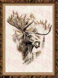 a moose with large antlers on it's head is shown in a frame