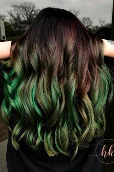 Green Hair Blonde Streak, Dark Brown With Green Hair, Green Colour Hair Highlights, Green Hair Balayage Dark Brown, Green Hair Brown Roots, Emerald Green Highlights In Brown Hair, Green Hair Streaks Highlights, Dark Green And Blonde Hair, Green Hair Highlights Brunettes