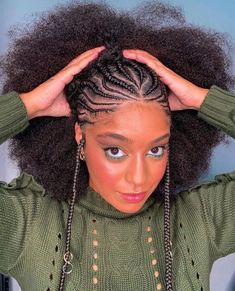 Fulani Braids With Marley Hair, Half Cornrows Half Braids Natural Hair, Half Cornrows Half Natural Hair, New Hairstyles 2022, Afro Puff Hairstyles, Half Cornrows, Vacation Hair, Headwrap Hairstyles, Cornrow Ponytail