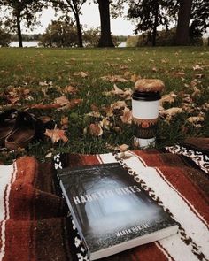 a book sitting on top of a blanket in the grass