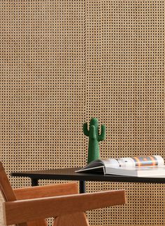 a small cactus sitting on top of a wooden chair next to a table with a book