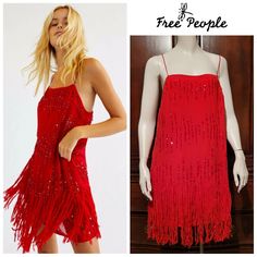 Free People Crystal Clear Fiery Red Dress With Fringed Hemline. New With Tags- Retailed For $198 * Straight Neckline * Spaghetti Strap * Pull Over Dress * Beaded And Sequin Embellished * Fringed Hemline * 100%Viscose, Lining: 100% Polyester *Hand Wash Separately * Dress Wrinkled Due To Sitting In Closet Size: Large Bust: 22 In-23 In Length From Top Of Spaghetti Strap To Bottom Fringe 38 In-41 1/2 In Pull Over Dress, Black Embroidered Dress, Over Dress, Free People Tunic, Lace Slip Dress, Maxi Slip Dress, Closet Size, Ruffle Mini Dress, Mini Slip Dress