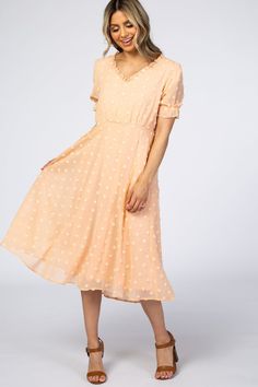 Peach Swiss Dot Ruffle Trim Dress – PinkBlush Sunday Dresses, Apricot Dress, Swiss Dot Dress, Short Sleeve Midi Dress, Ruffle Trim Dress, Peach Dress, Trim Dress, Sleeves Dress, Midi Short Sleeve Dress