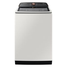 a white top load washer sitting on top of a dryer machine in front of a white background