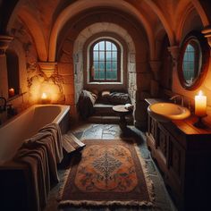 a bath room with a tub a sink and a rug on the floor in front of a window