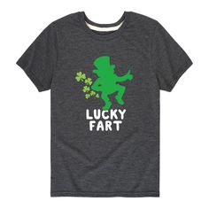 Give his wardrobe the luck of the Irish with this boys' Lucky Fart St. Patricks Day Graphic Tee. Give his wardrobe the luck of the Irish with this boys' Lucky Fart St. Patricks Day Graphic Tee.  Crewneck Short sleevesFABRIC & CARE Cotton, polyester Machine wash Imported Size: Small. Color: Dark Grey. Gender: male. Age Group: kids. Material: Cotton Blend. Funny St Patricks Day Shirts, St Patricks Day Shirts, Funny St Patricks Day, Lucky Shirt, St Patrick Day Shirts, Luck Of The Irish, Themed Outfits, Comfy Tees, St Patricks