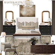 a bedroom is shown with furniture and decor in shades of beige, brown, and white