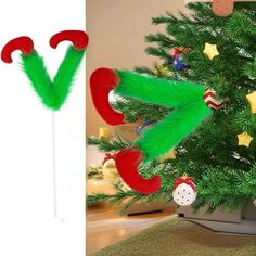 a christmas tree decorated with green and red decorations next to an image of a fake christmas tree