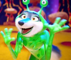 an animated character with green and blue paint on it's face, holding his hands up