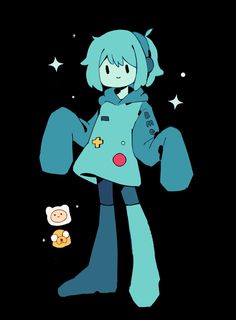 an anime character with blue hair is holding a teddy bear and standing in front of stars