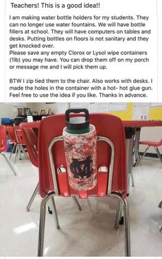 a red chair with a black and white water bottle on it