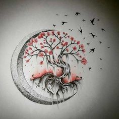 a drawing of a tree with birds flying around it and the moon in the background