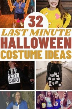 some people are dressed up in costumes and posing for pictures with the words, 32 last minute halloween costume ideas