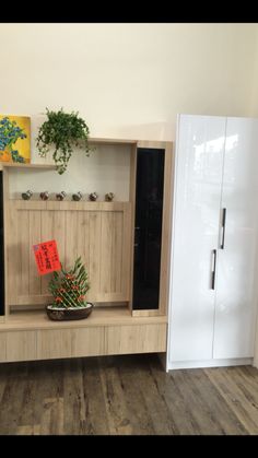 a room with wooden flooring and white cupboards next to a potted plant