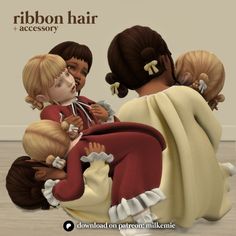 a group of dolls sitting next to each other on top of a wooden floor with the caption ribbon hair accessory