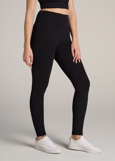 About Our Tall Women’s Leggings Maximum comfort meets maximum length. You’ll want to wear these super-soft cotton tall women’s leggings all day long. We thoughtfully designed this pair to be a staple in your everyday collection that you can reach for time and time again. They’re created with your long legs and torso in mind, with an extended inseam that’ll go past your ankles and a flattering high-rise fit with a wide waistband. Our long leggings for tall women are made of a lightweight cotton a Pants For Tall Women, Pleated Dress Pants, Black Cotton Leggings, Tall Leggings, Tall Pants, Wide Leg Dress Pants, Leggings With Pockets, Long Leggings, Performance Leggings