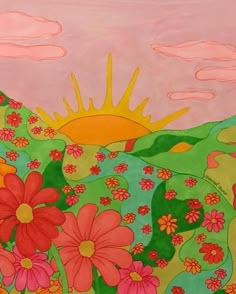 an image of a painting with flowers in the foreground and sun on the horizon